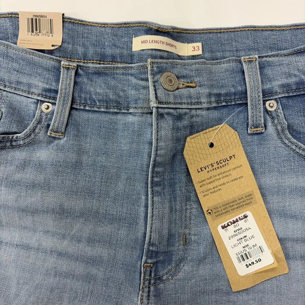 Levis Mid Length Classic Denim Shorts Womens 33 Hyper Soft Blue Jeans NEW